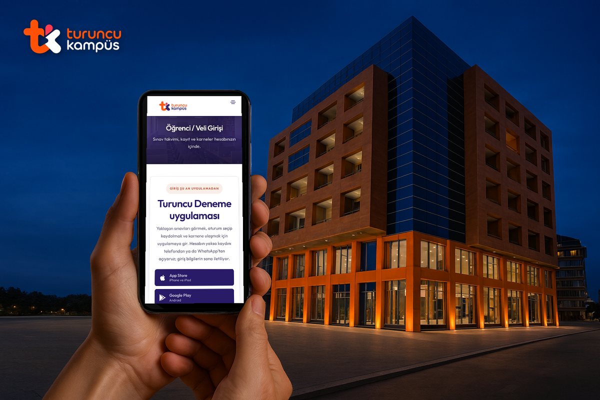 Yeni kampüs binası önünde, ekranında öğrenci ve veli paneli açık bir telefon
